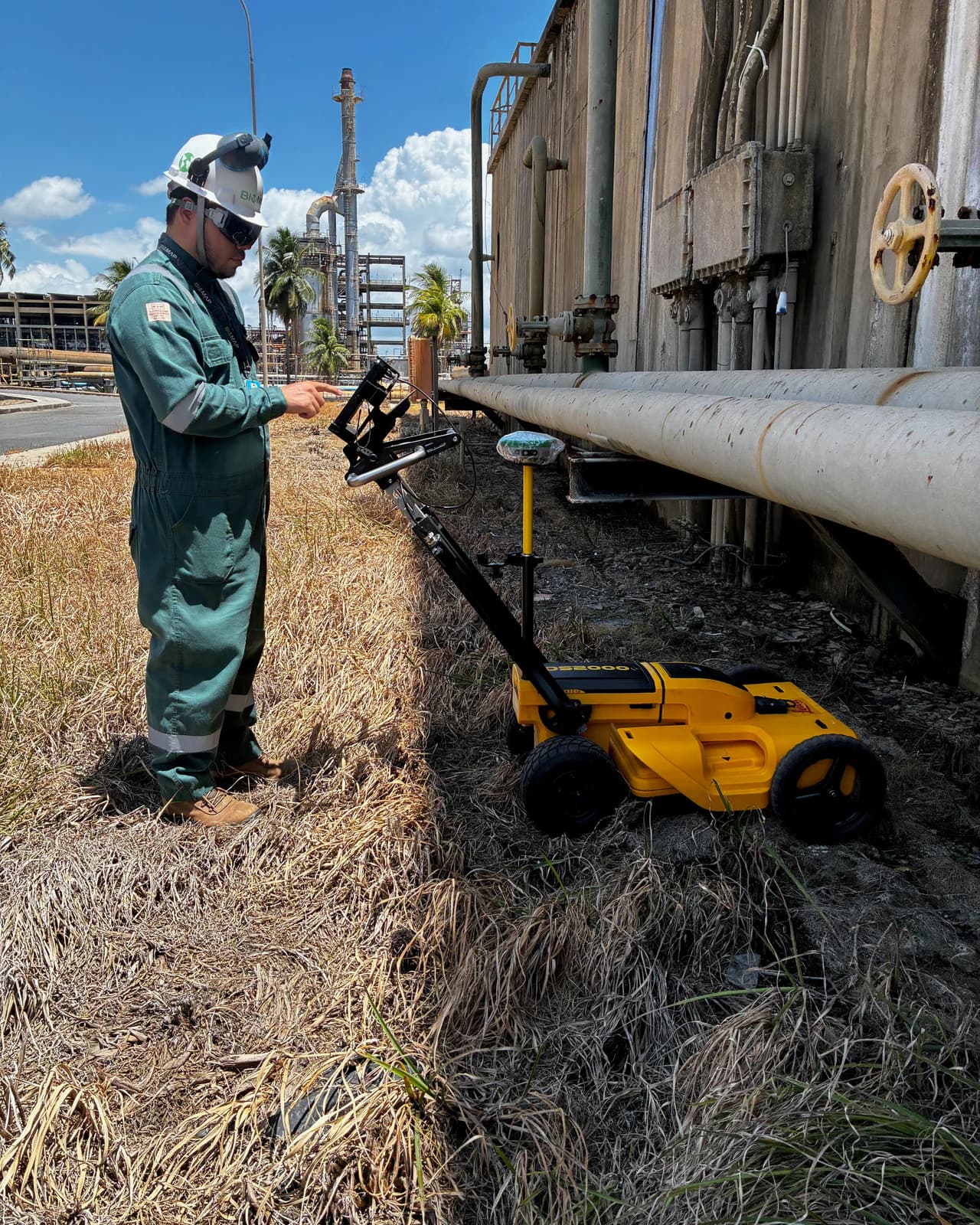 Operador BIOMAP com GPR ao lado de tubulação industrial